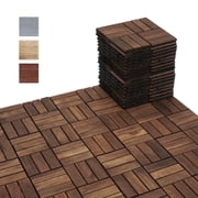 Beefurni Wood Deck Tiles, 10 Piece Interlocking Patio Flooring with Plastic Base, Dark Brown
