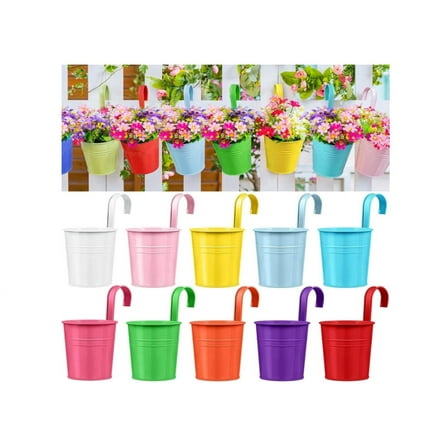 10 Pcs Iron Hanging Flower Pots, Topboutique 3.9" Multicolor Balcony Garden Railing Planter Pots, Durable Fence Patio Planter with Detachable Hook and Drainage Hole for Indoor Outdoor,Random Color