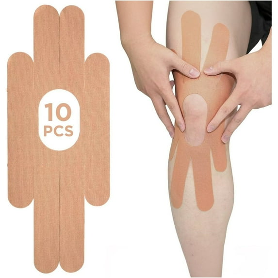 10 Pcs Kinesiology Tape, Knee Tape, One-Structure K-Tape Patches, Precut Strips Waterproof Sport Tape, Pain Relief and Accessories for Knee Tendons Support Sports Fitness Running Football, Beige