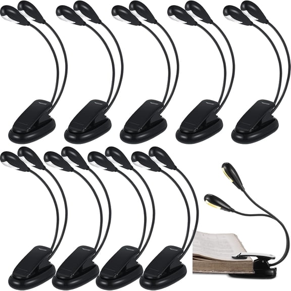 10 Pcs LED Book Light USB and AAA Battery Operated Music Stand Clip on Reading Light 4 Brightness Levels Dual Arm Clip Lamp for Eye Protection Bookworms Orchestra Readers Piano Player