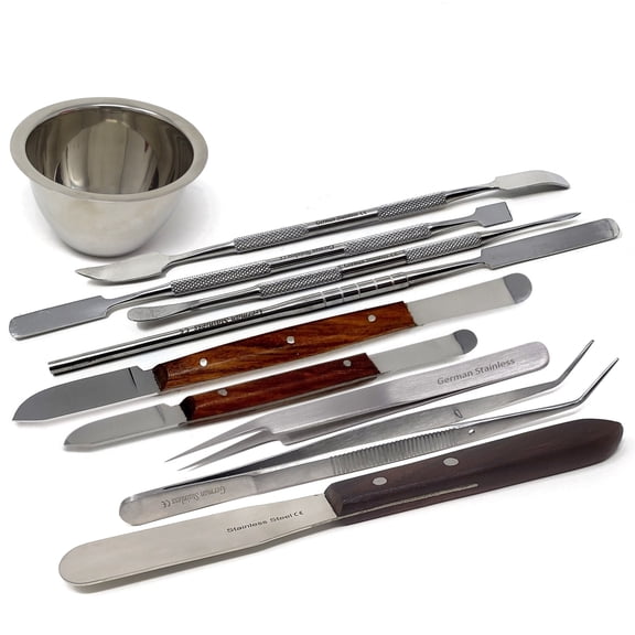 10 Pcs Lab Instruments, Double Ended Spatulas, Wooden Handle Spatulas with Straight & Angled Tweezers + Mixing Bowl - Stirring & Transferring Experimet Tools
