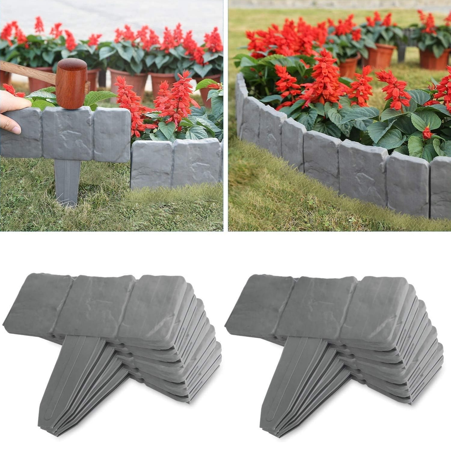 10 Pcs Landscape Edging Border No-Dig Garden Landscape Plastic Flower Bed Edging Borders Stone-Like Textured Garden Border Fencing Edging for DIY Patio Walkways Yard,Gray,Topboutique