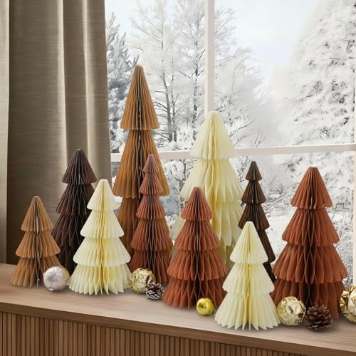 10 Pcs Large Neutral Honeycomb 20/16/12/10/8 Inch 3D Paper Trees Centerpiece Modern Christmas Home Mantel Decor Minimalist Holiday Party Decorations Xmas Gift$$Electronics Accessories