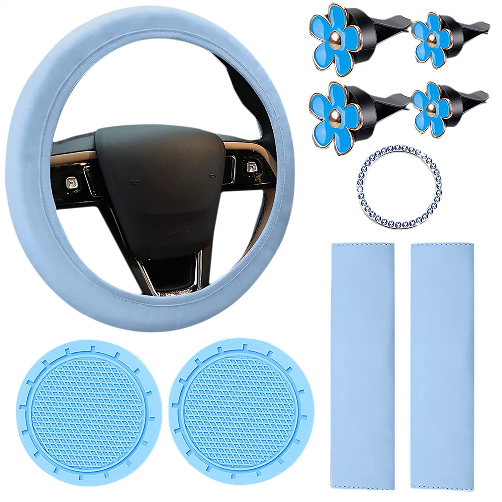 17 Pcs Bling Car Accessories Set for Women, Seat Covers Leather Steering  Wheel Cover, Seat Belt Shoulder Pad Armrest Cup Holders Covers, Full  Crystal