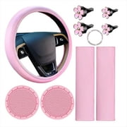 10 Pcs Leather Steering Wheel Cover For Women Cute Car Accessories Set With Seat Belt Shoulder Pads Cup Holders