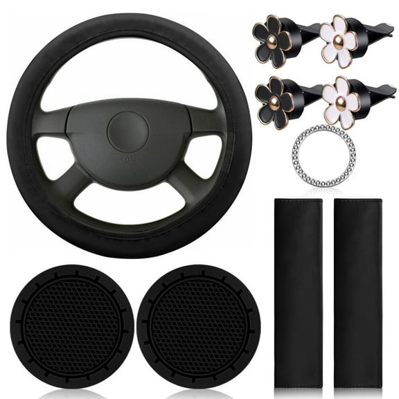 10 Pcs Leather Steering Wheel Cover Set for Women 14.5-15 Inch Car Accessories with Seat Belt Shoulder Pad Seatbelt Cover Cup Holder Start Button Ring Sticker Air Vent Clip(Pink)