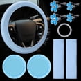 thumbnail image 1 of 10 Pcs Leather Steering Wheel Cover for Women Cute Car Accessories Set with Seat Belt Shoulder Pads Seatbelt Covers Cup Holders Bling Start Button Ring Sticker Air Vent Clip Car Accessories, Blue, 1 of 6