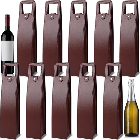 10 Pcs Leather Wine Gift Bags Reusable Leather Wine Tote Carrier Single Bottle Champagne Beer Protector Gift Bags for Parties Birthdays Wedding Christmas(Brown,Classic Style)