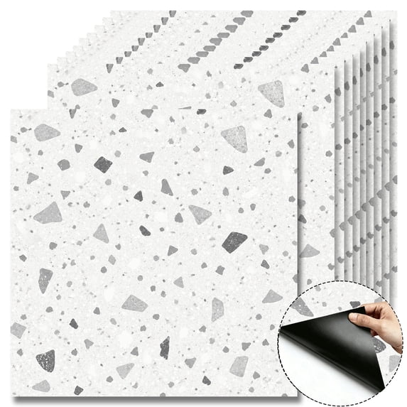 10 Pcs Light Gray Terrazzo Peel and Stick Floor Tiles, 12x12 in Covers 10 Sq. Ft. Self-Adhesive DIY Vinyl Flooring, Removable & Waterproof for Bathroom, Kitchen, Walls, Bedroom