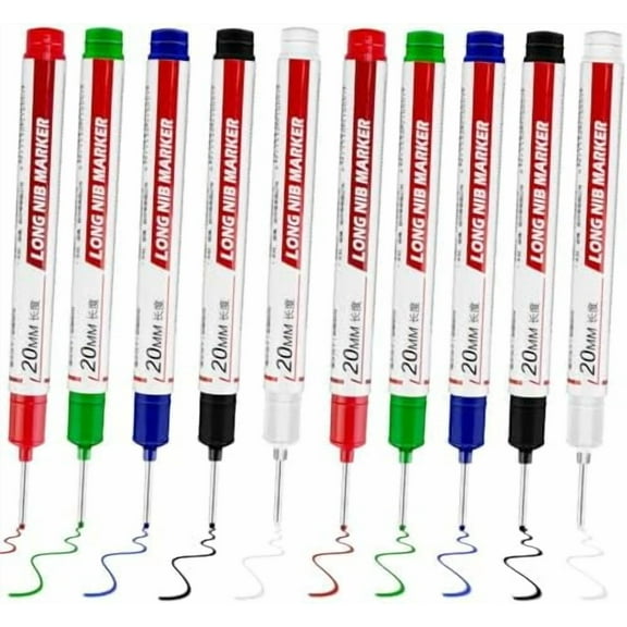 10 Pcs Long Head Deep Hole Marker - Long Nib Markers, Multi-purpose Deep Hole Marker Pens, Quick Dry Waterproof Colorful Carpenter Pen Markers for Construction Bathroom Woodworking