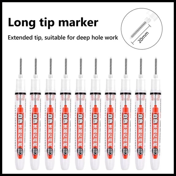 10 Pcs Long Head Deep Hole Marker Pens, White Permanent Marker, 3ml Oil-Based Waterproof Quick-Drying Ink, Fine Tip Industrial & DIY Multi-Surface Pen for Wood, Metal, Plastic & Stone