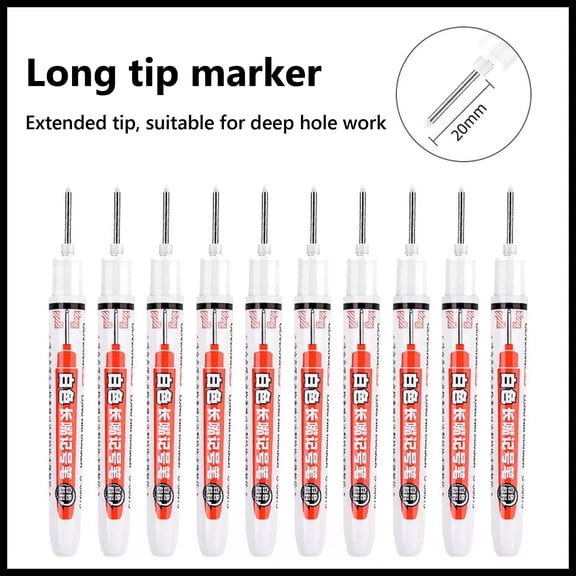10 Pcs Long Head Deep Hole Marker Pens, White Permanent Marker, 3ml Oil-Based Waterproof Quick-Drying Ink, Fine Tip Industrial & DIY Multi-Surface Pen for Wood, Metal, Plastic & Stone
