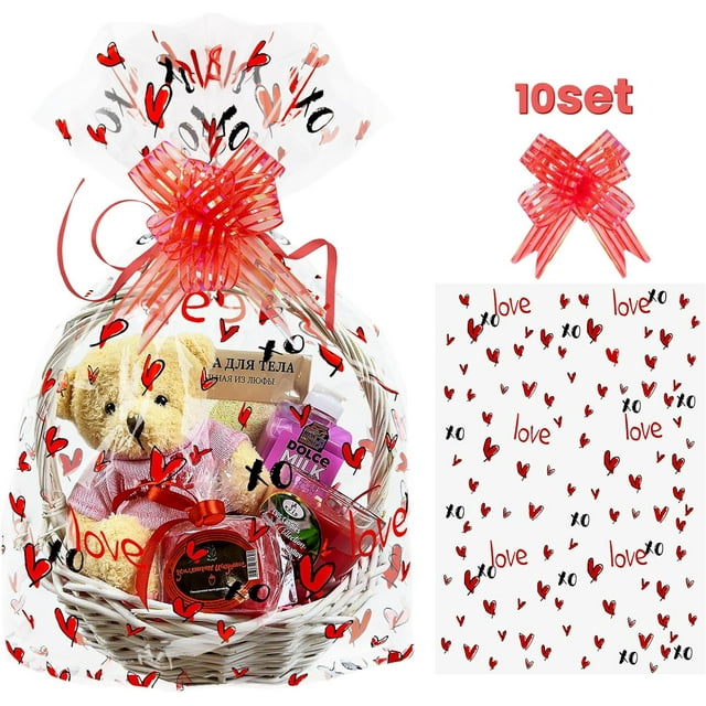 10 Pcs LoveThemed Cellophane Bags for Valentine's Day Gifts 16x24