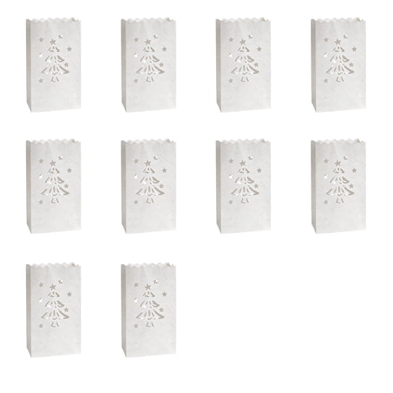 10 Pcs Luminary Bags, Fire-Retardant White Paper Luminary Candle Bags, Snow Xmas Tree Pattern for Christmas Weddings Birthday Valentine's Day Halloween Party Decoration