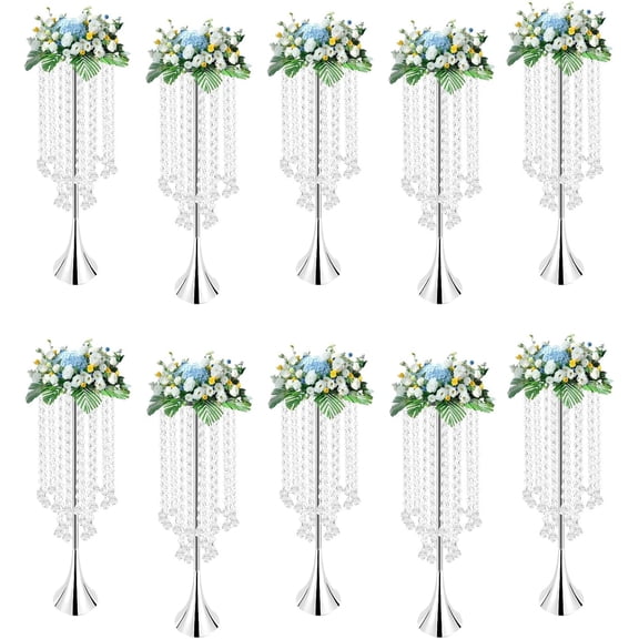 10 Pcs Luxurious Acrylic Crystal Flower Stand Wedding Centerpieces on Floor, Tall Metal Flower Arrangement Stand, Tabletop Flower Vase for Party Dinner Event Hotel Decorr(21.9"/55.6cm H,Silver)