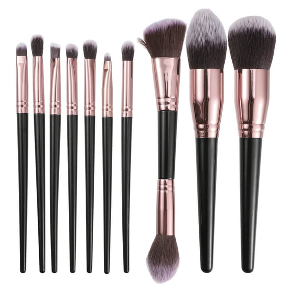10 Pcs Makeup Brush Set Contour Concealer Blush Plastic Metal Handle Brown Black Rose Gold Tone