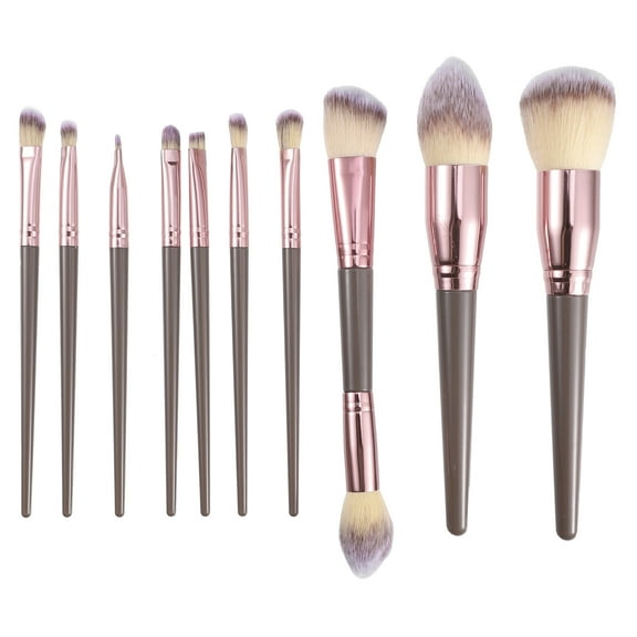 10 Pcs Makeup Brush Set Contour Concealer Blush Plastic Metal Handle Champagne Brown Rose Gold Tone