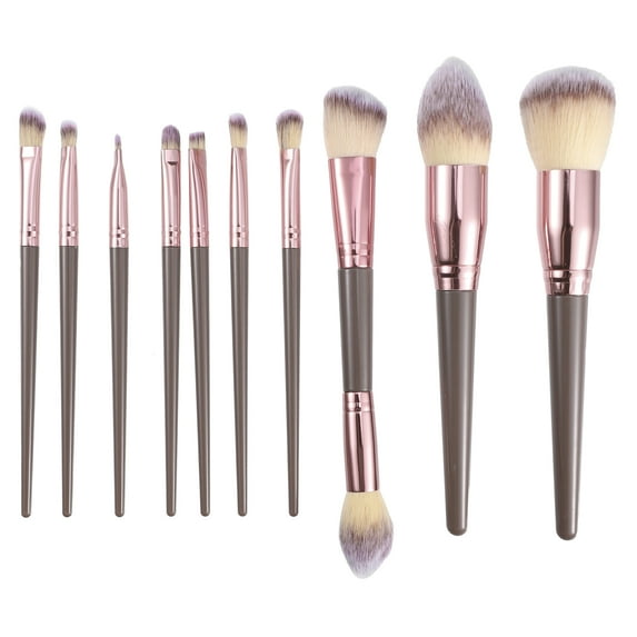 10 Pcs Makeup Brush Set Contour Concealer Blush Plastic Metal Handle Champagne Brown Rose Gold Tone