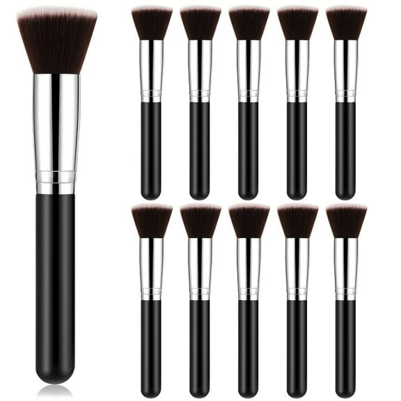 10 Pcs Makeup Brushes Bulk Flat Top Foundation Brush Liquid Cream Powder Foundation Contour Blush Concealer Eye Shadow Blending Liner Make up Kit for Wedding Artist(Black)