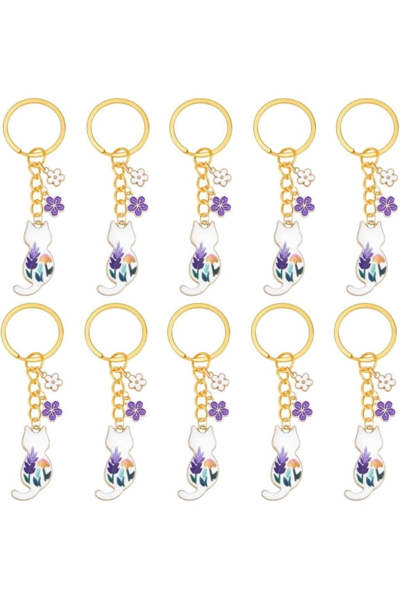 10 Pcs Metal Cat Keychains 3.15inch Alloy Enamel Cat Keyring Bulk Enamel Pendant Keychain with Golden Ring for Purse Bag Accessories Gold