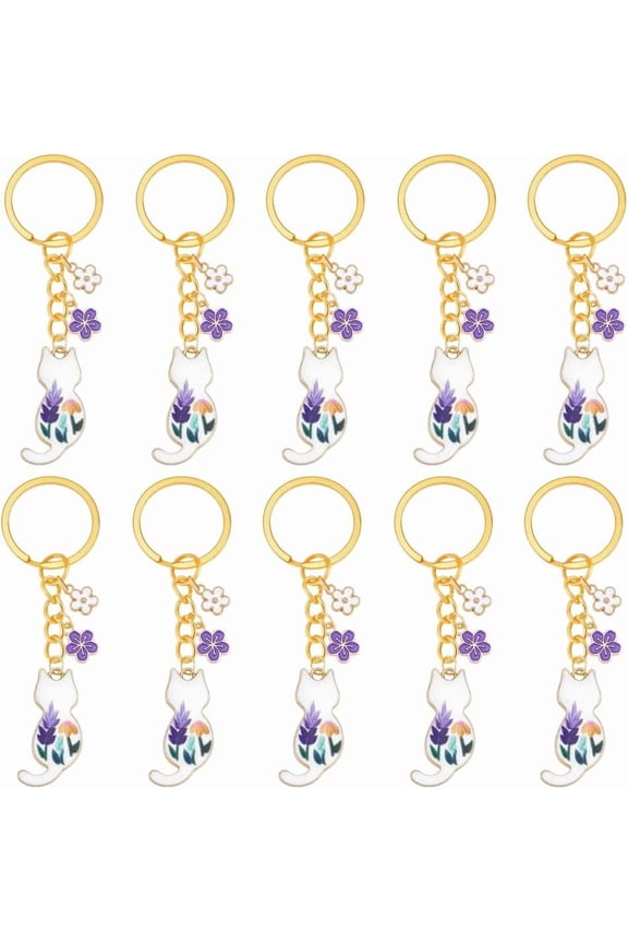 10 Pcs Metal Cat Keychains 3.15inch Alloy Enamel Cat Keyring Bulk Enamel Pendant Keychain with Golden Ring for Purse Bag Accessories Gold
