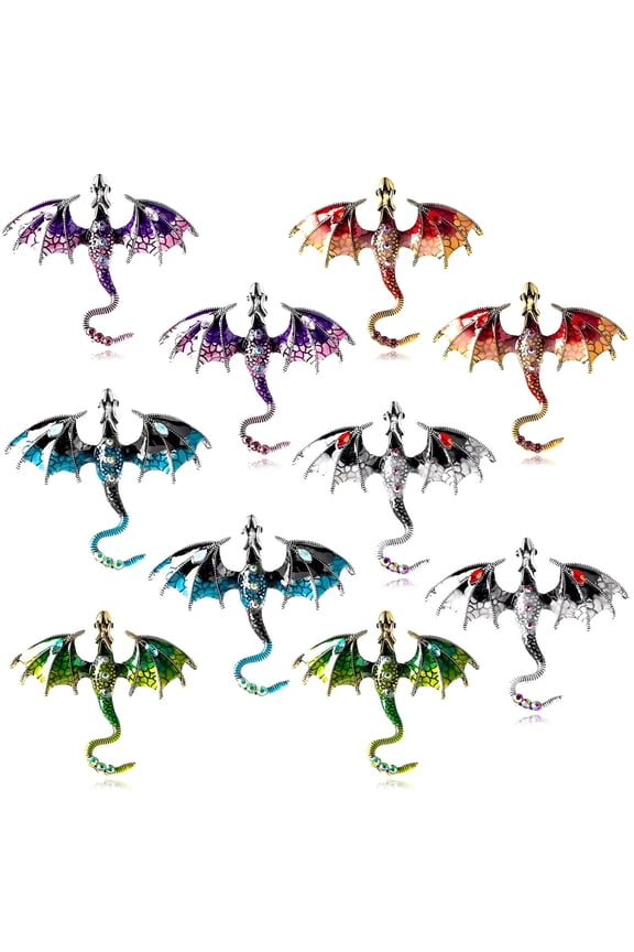 10 Pcs Metal Dragon Charms, Retro Dragon Shaped Brooches for Men and Women, Alloy Crystal Enamel Pins, Vintage Flying Dragon Design, Unisex Fashionable Accessories for Jackets and Coats