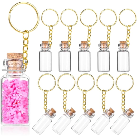 10 Pcs Mini Glass Bottles, 3ml Wish Jar Keychains with Corks Lids Tiny Jars Potion Bottle Miniature Message Bottles for DIY Crafts Backpack Bag Hanging Wedding Party Favors
