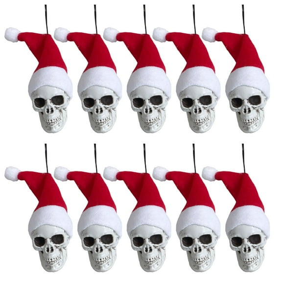 10 Pcs Mini Hanging Skull Heads Santa Hat Halloween Skeleton Head Tree Ornament Decorations for Holiday Party Xmas Tree Decor (2 Inch)