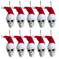 10 Pcs Mini Hanging Skull Heads with Santa Hats - Spooky Christmas Halloween Skeleton Ornaments for Xmas Tree, Holiday Party, and Festive Home Decor