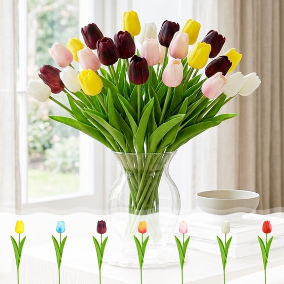 10 Pcs Mini Single Stem Artificial Tulips In 7 Colors with Real Touch, Elegant Faux Flowers for Home Decor, Wedding Floral Arrangement and Tabletop Ornament