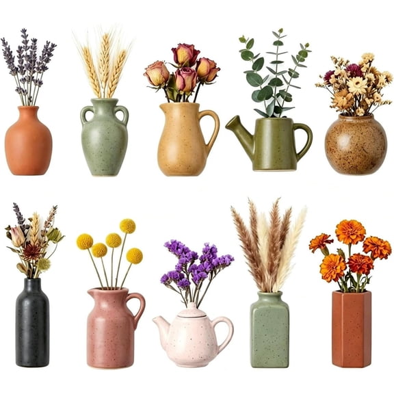 10 Pcs Mini Vase Magnets for Fridge, Ceramic Mini Vase Magnets, Refrigerator Magnets Decorative - Mini Resin Vases with Artificial Flowers, Kitchen Decor Office Locker Whiteboard Gifts