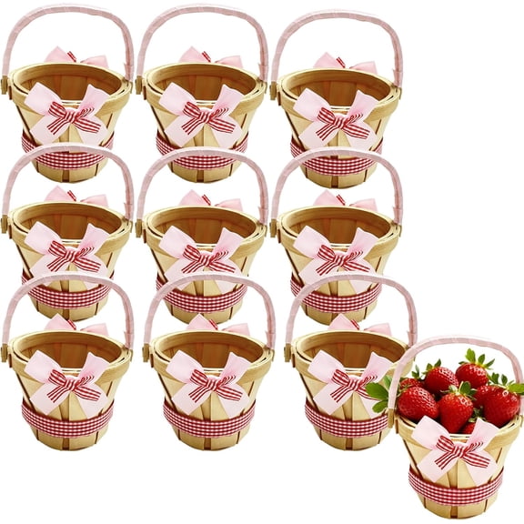 10 Pcs Mini Wooden Apple Baskets Bulk 4 x 5.1 Inch Bushel Baskets with Handle for Gifts, Farmers Market, Fall Picnic, Garden Picking, Fruit Strawberry Flowers Crafts, Home Wedding Party Decor