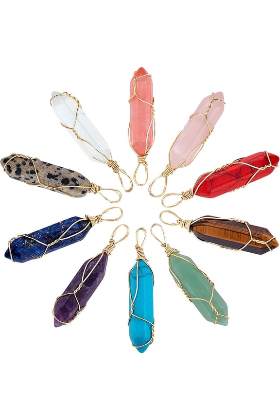 10 Pcs Mixed Stone Pendants Charms Wire Wrapped Natural & Synthetic Gemstone Rock Dangle Charms for Necklace Jewelry Making