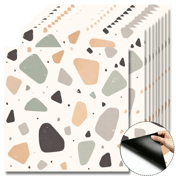 10 Pcs Morandi Terrazzo Peel and Stick Floor Tiles, 12x12 in Covers 10 Sq. Ft. Self‑Adhesive DIY Vinyl Flooring, Removable & Waterproof for Bathroom, Kitchen, Walls, Bedroom