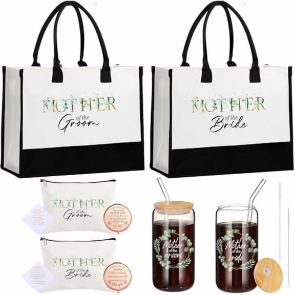 10 Pcs Mother of the Groom Gifts Mother of the Bride Bridal Shower Wedding Gifts Tote Bag Makeup Bag Tumbler with Lid Straw Mirror Handkerchief for Mom Bridal Shower (16 oz,Glass)