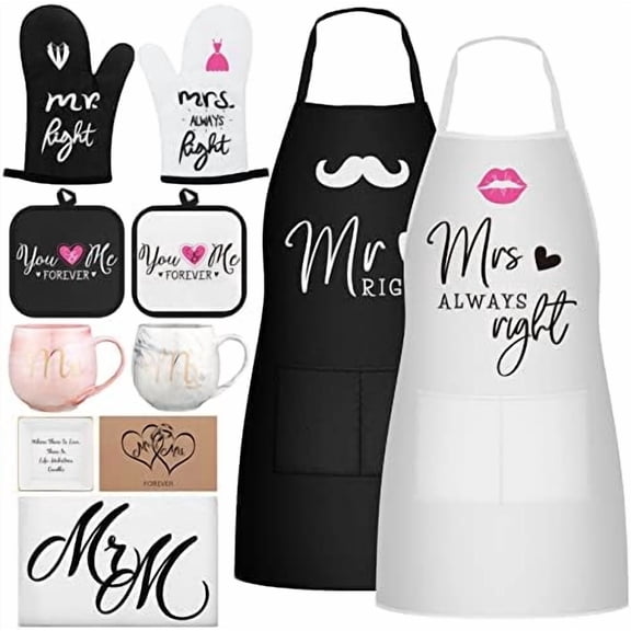10 Pcs Mr and Mrs Aprons Gift Set for Couple Bridal Shower Wedding Christmas Engagement Gift His Her Apron Mat Mug Gloves Jewelry Plate Dish Towel Card Groom Present$$Home Decor, Kitchen, & Other