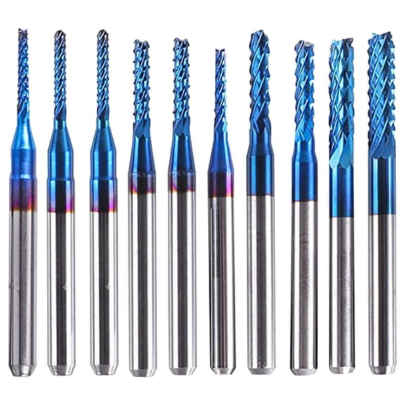 10 Pcs Nano Blue Coat End Mill CNC Router Bits Milling Cutter Carbide Flute Spiral Router Bit Coating Acrylic Non-Ferrous Metal CNC Milling Cutter, 1.45 Inch, Multicolor