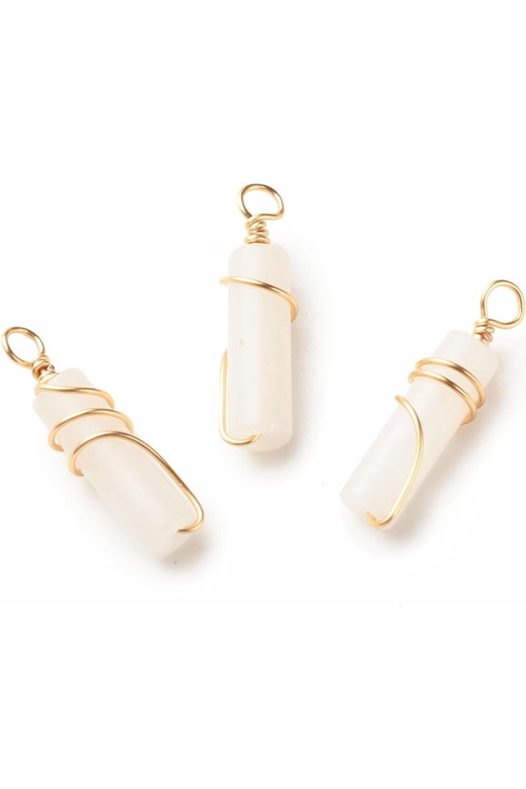 10 Pcs Natural White Jade Pendants Pendant with Light Gold Tone Copper Wire Wrapped Column Pendant Jewel for Women Jewelry DIY Necklace Bracelet Craft Making 20~21x5~5.5mm Hole: 2.3~2.8mm