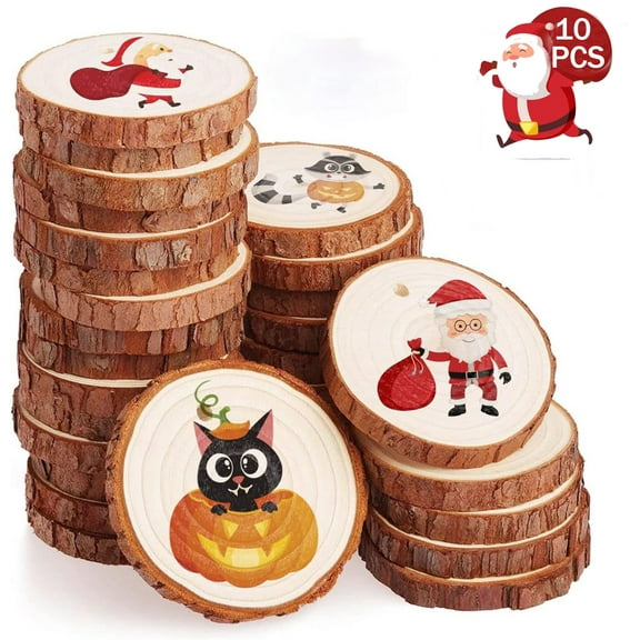 10 Pcs Natural Wood Slices, Unfinished Predrilled Blank Craft Wood Kit, Wooden Circles for Crafts Christmas Ornaments DIY Arts Wedding Party Decorations Gifts(2.7-3.1 Inches)