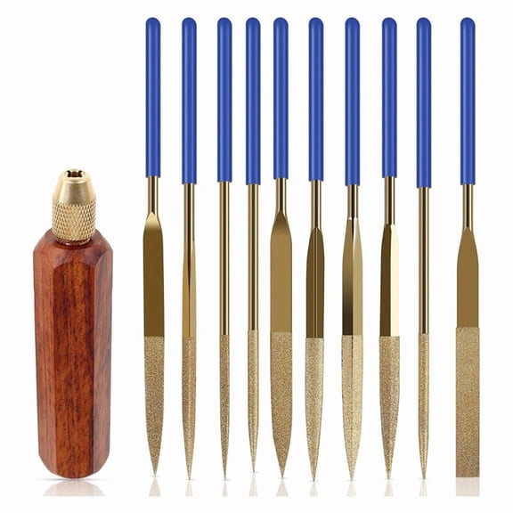 10 Pcs Needle File Set, Wooden Handles with Brass Collet Chuck, Balance Shock Absorbing Wood Handle File Round Handle