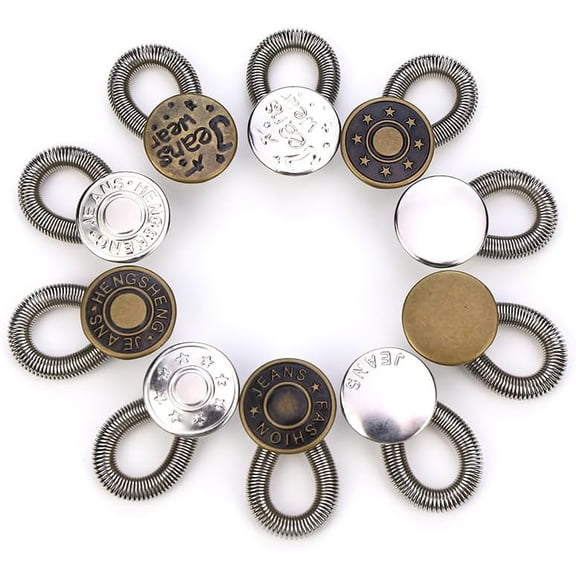10 Pcs No Sew Jeans Button Extenders, Spring Metal Loop Pants Waist Extenders, Assorted Waistband Extension Buttons for Jeans Pants Skirts Shorts