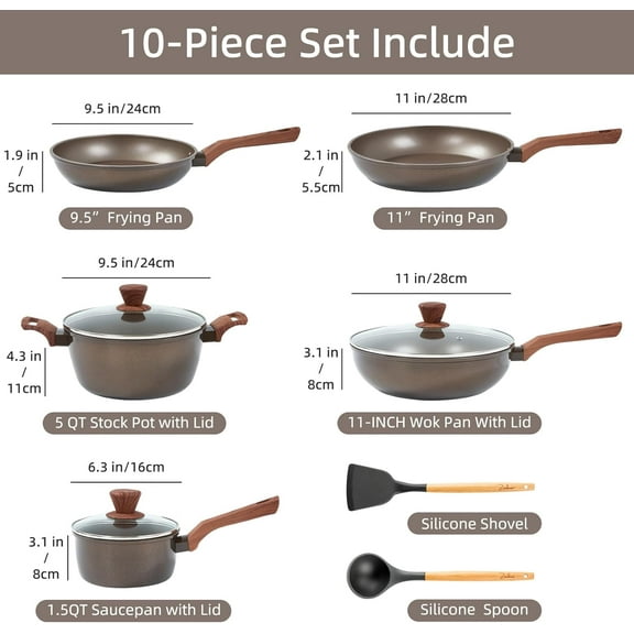 10 Pcs Non Stick Cookware Set with Frying Pans, Saucepans, Steamer Compatible All Stoves Black