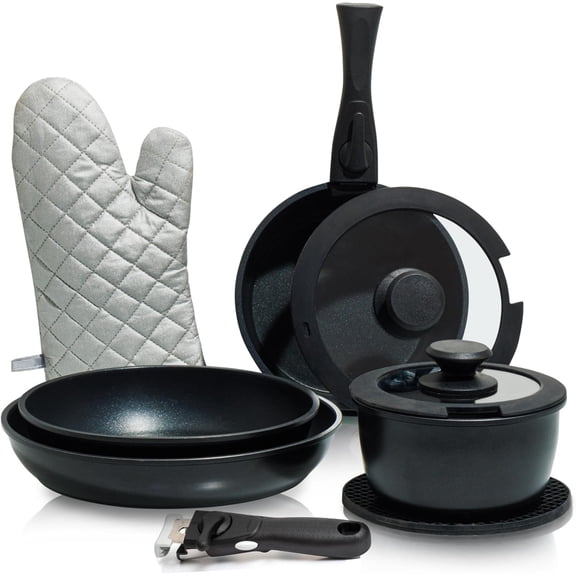 10 Pcs Nonstick Cookware Set with Removable Handles Oven and Induction Ready Stackable Camping Pots and Pans