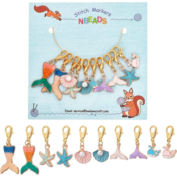 10 Pcs Ocean Theme Stitch Markers 10 Styles Starfish/Whale/Shell Alloy Enamel Crochet Stitch Marker Charms Locking Stitch Marker for Knitting Weaving Sewing Accessories Handmade Jewelry for DIY