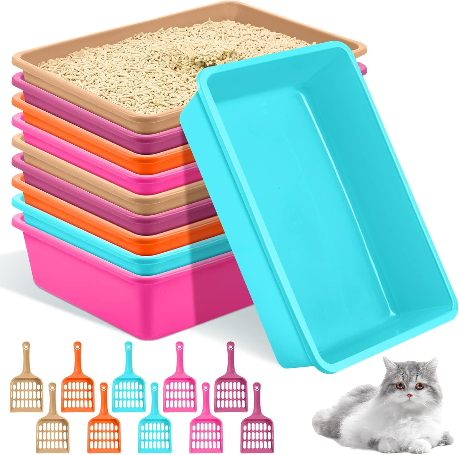10 Pcs Open Cat Litter Box Kitten Litter Pan With 10 Scooper Medium 10-pcs-open-cat-litter-box-kitten-litter-pan-with-10-scooper-medium