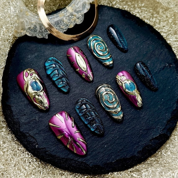 Handmade Original multicolored Spiral Vortex Almond Press on Nails, Statement Almond Nail Set,10 Pieces, Size m