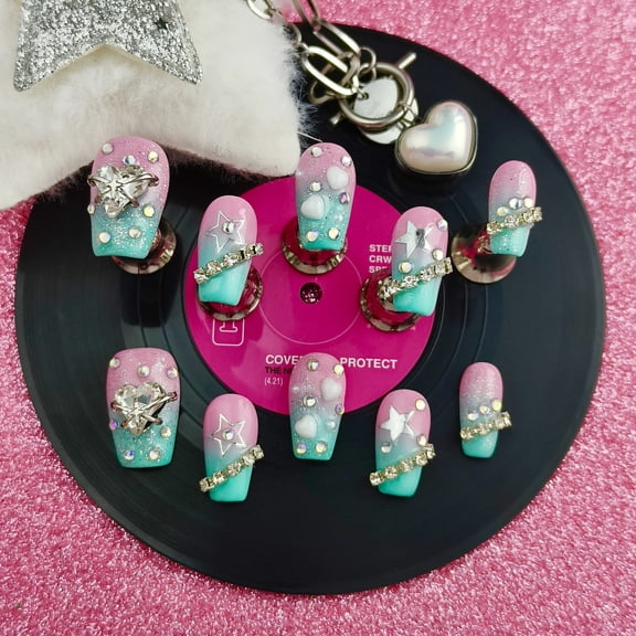 10 Pcs Original Handmade Press-On Nails - Cute Pink & Green Style with Heart & Diamond Sparkle Details, High-End Elegant Decorative Nails, Artisan-Crafted Valentine’s Day Nail Sets for Sweet