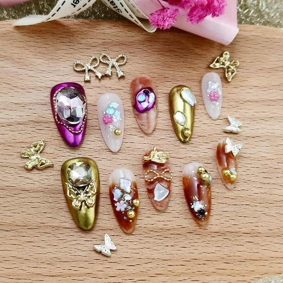 10 Pcs Original Handmade Press-On Nails - Multi-Color Cute Mix Style with Big Diamond & Gold Accents, High-End Elegant Decorative Nails, Artisan-Crafted Valentine’s Day Nail Sets for Glamorous