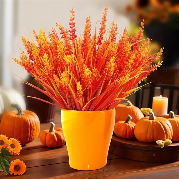 10 Pcs Outdoors Fake Lavender Flowers,Fall Orange Artificial Flowers Outdoors Decorations,Plastic No Fade Plants,UV Resistant Faux Monkey Grass,for Home Porch Autumn Thanksgiving By Scheam