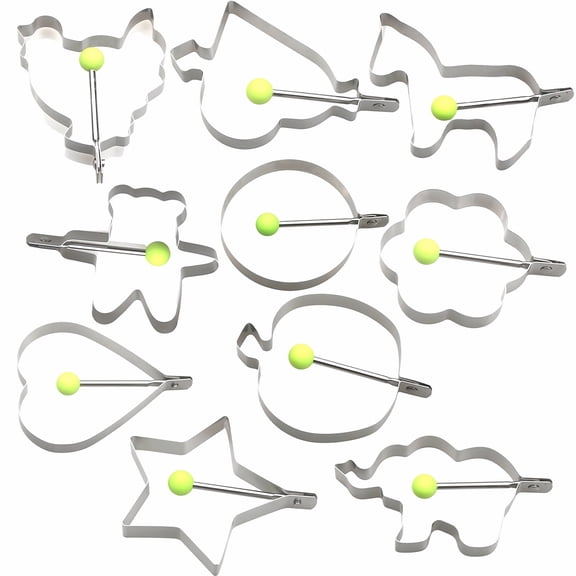 10 Pcs Pancake Mold with Handle for Breakfast, Creative Egg Rings with 10 Unique Shapes - Stainless Steel Egg Shaper for Frying, Baking & Cooking